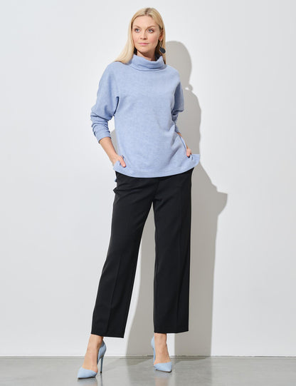 Women Solid High Neck Blue Sweater