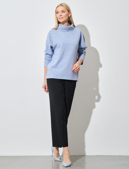 Women Solid High Neck Blue Sweater