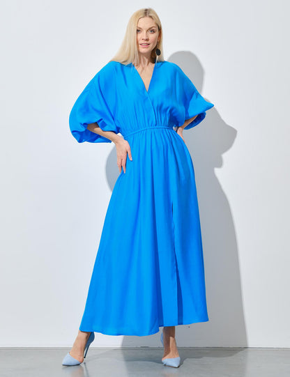 V-neck Pleated Bell Sleeve Dress