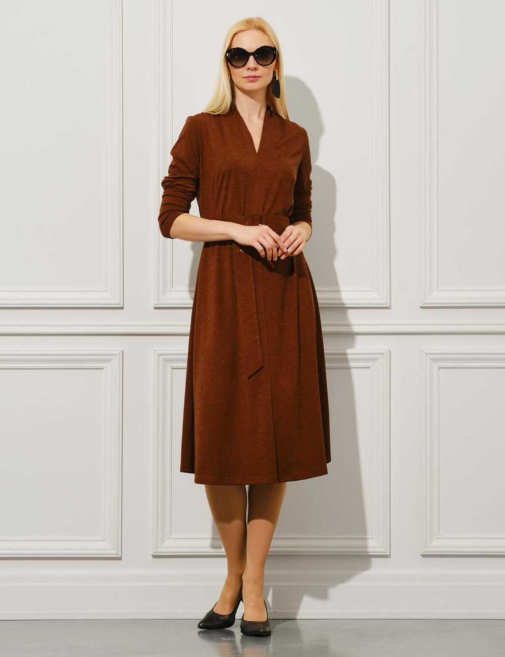 Wholesale V-Neck Midi Dress with Belt